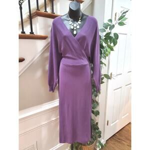 Womens Purple Viscose Wrap V Neck Long Sleeve Raglan Long Maxi Dress Size Large